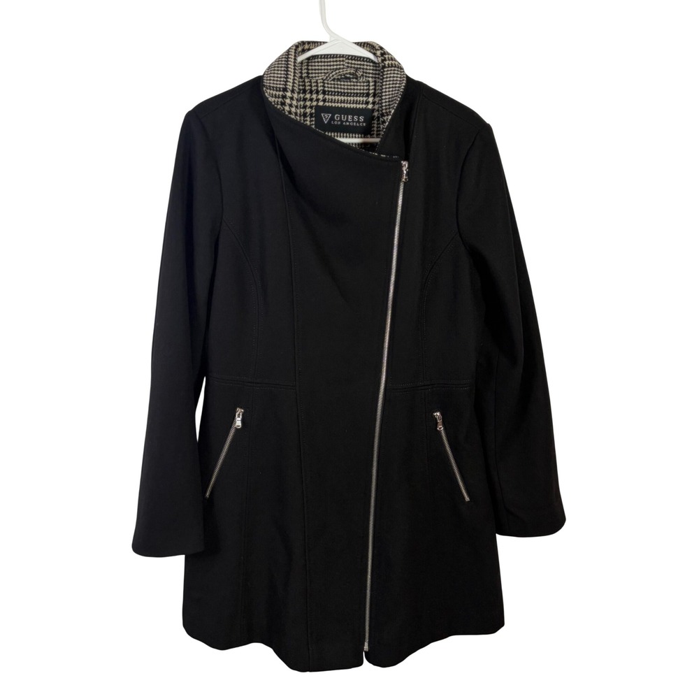 Guess Black Wool Blend Asymmetric Zip Houndstooth Collar Coat Womens  XL